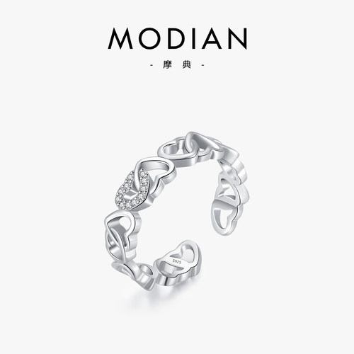 摩典925银镂空爱心轻奢叠戴戒指