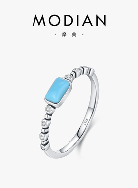 摩典S925纯银合成绿松石百搭戒指