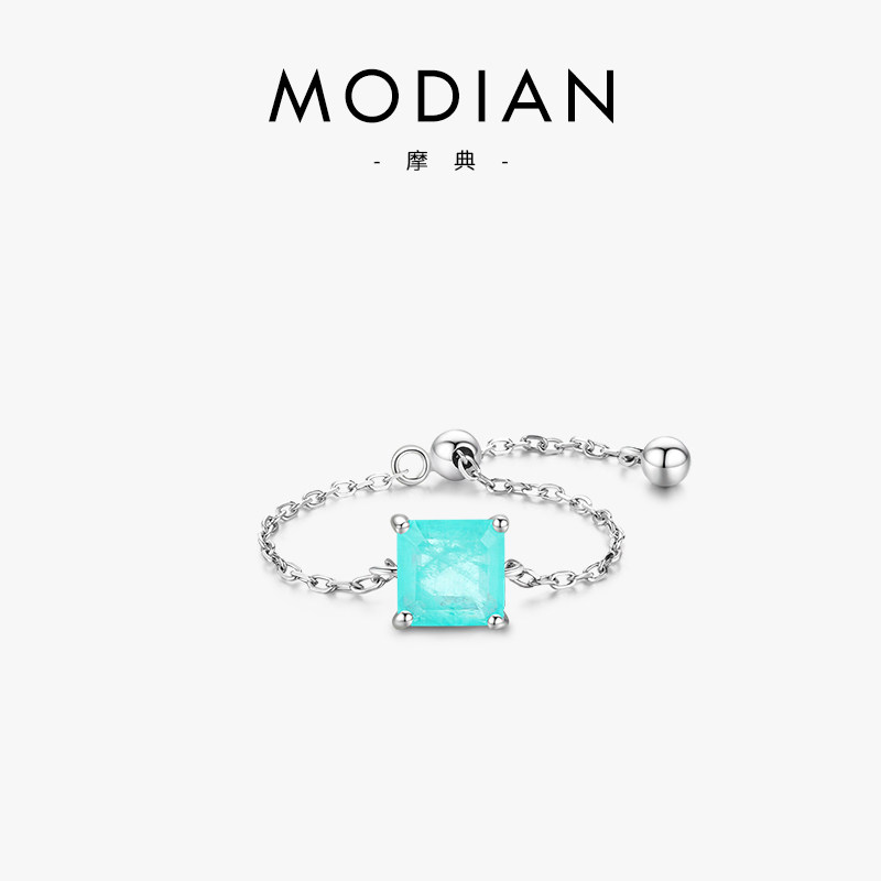 MODIAN s925纯银合成碧玺小众欧美ins潮网红戒指开口链式尾戒指环