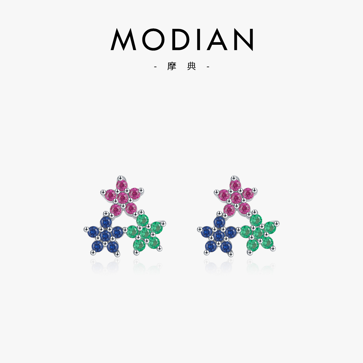 摩典S925纯银彩色锆石花朵耳钉女日韩小清新甜美简约个性耳环女