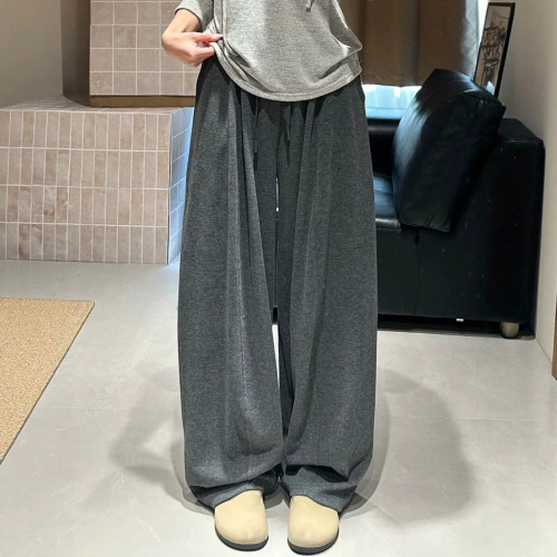 深灰色休闲毛呢阔腿裤女秋冬加绒加厚新款大码宽松显瘦弯刀直筒裤