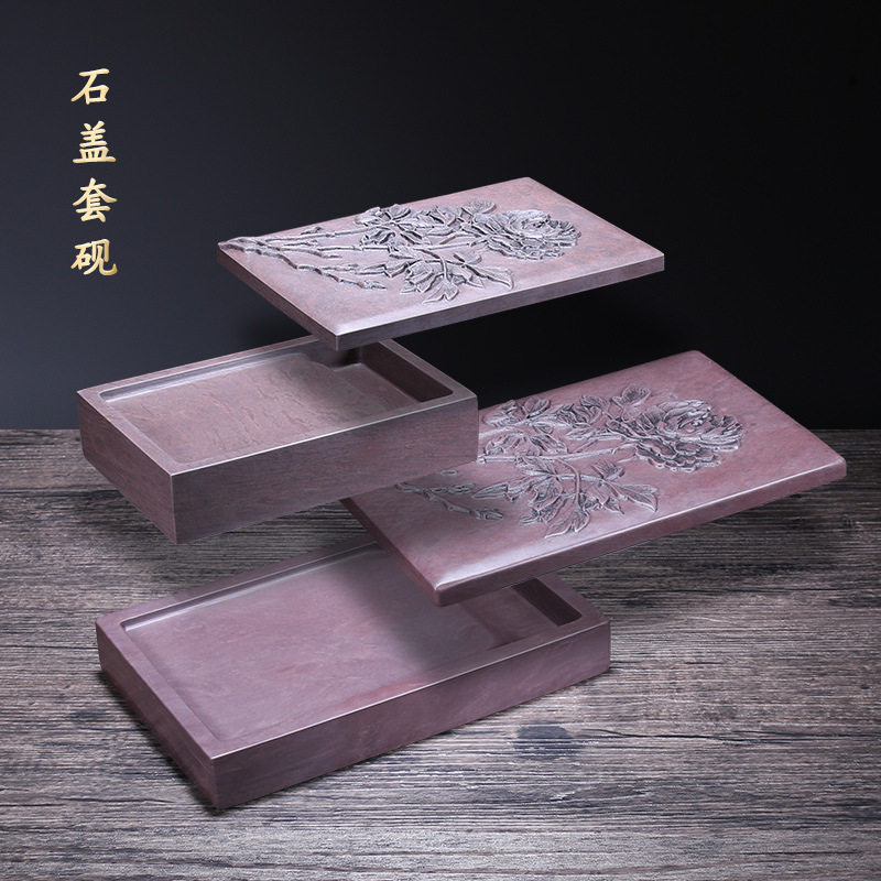 牡丹兰花砚台6寸原石复古成人宋坑8寸长方形密封带盖套砚肇庆端砚