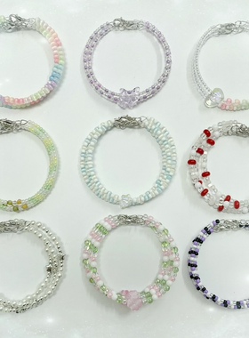 6条原创串珠手链多巴胺米珠记忆钢圈可爱少女手作彩虹色夏天手镯