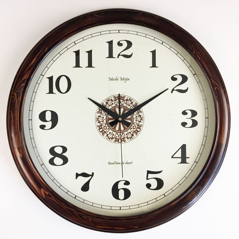 实木钟表挂钟客厅静音复古简约圆形大号大厅堂别墅液晶日历显示
