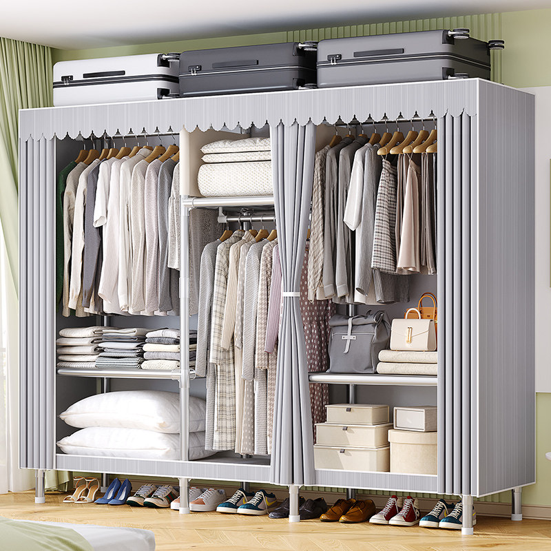 防尘加厚布衣柜钢管加粗加固简易衣帽架全钢架出租房用收纳挂衣橱