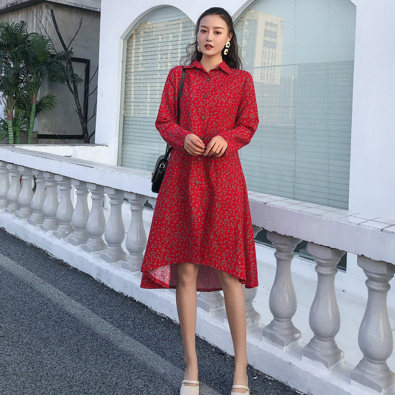 2020新款宽松印花裙子 中长款休闲衬衣裙 气质小碎花棉麻连衣裙女