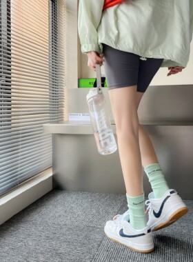 绿色袜子女中筒袜夏季薄款纯棉ins潮彩色运动长袜夏天白色堆堆袜