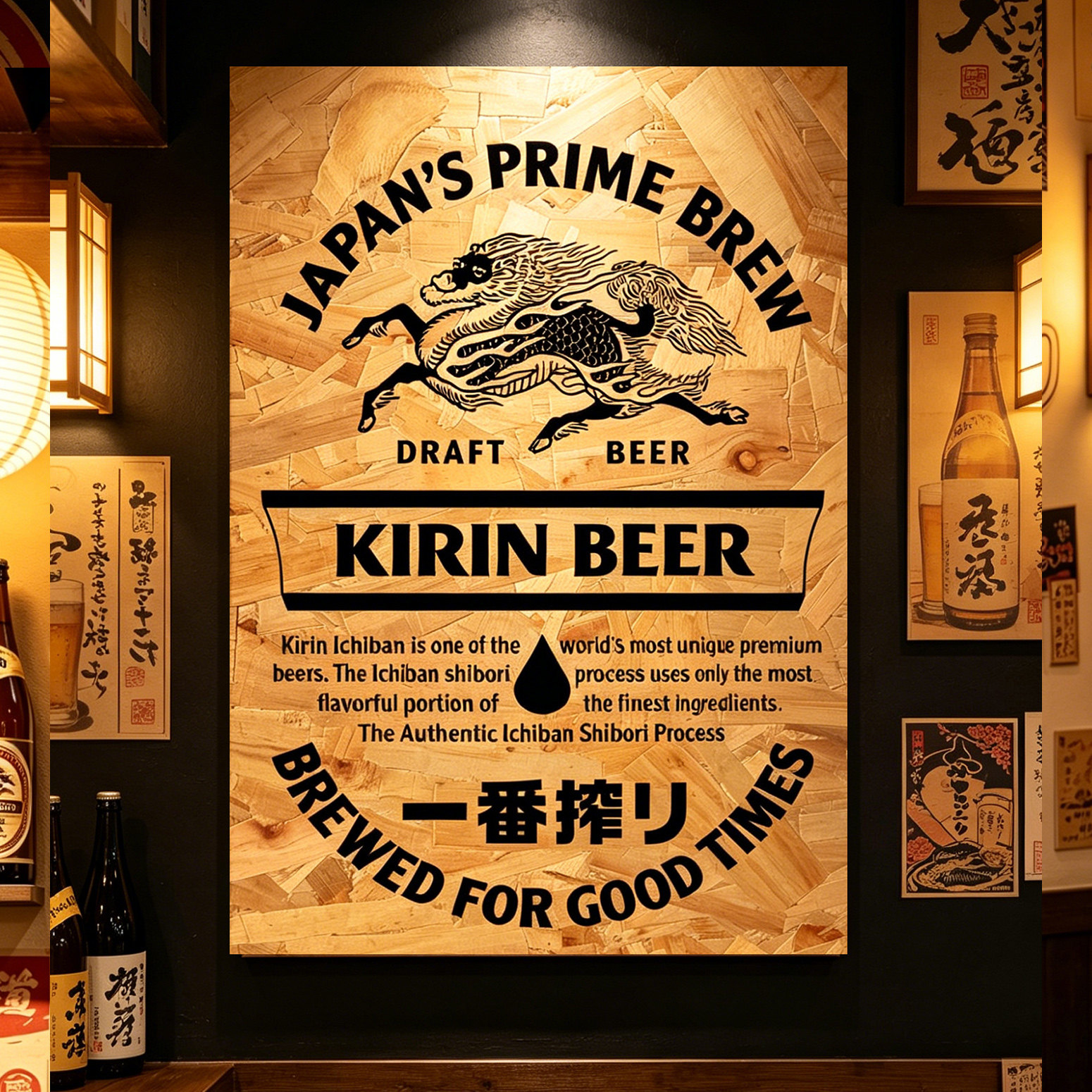 日式居酒屋民宿日本料理店麒麟一番榨啤酒海报欧松板复古装饰画
