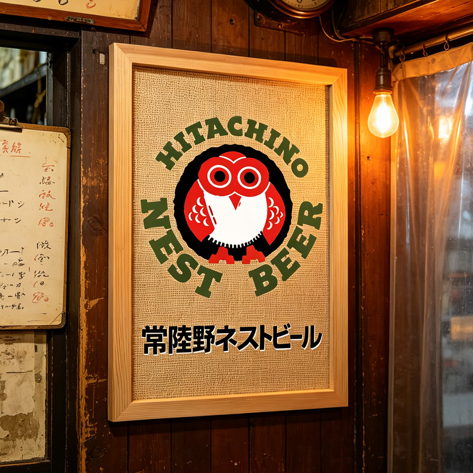 日式居酒屋烧肉日本料理常陆野猫头鹰啤酒海报藤编竹席木框装饰画