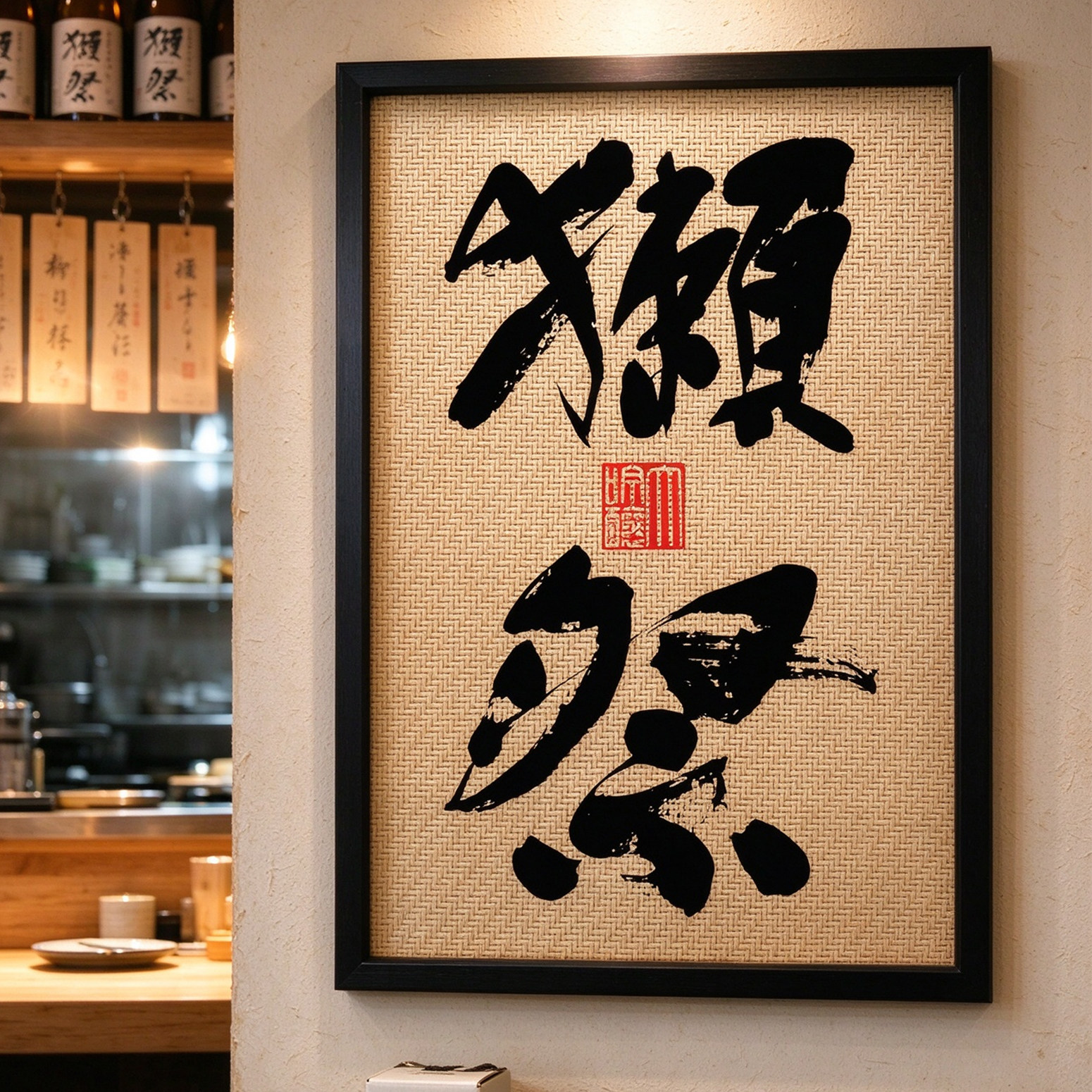 日式居酒屋烧鸟吧烧肉日本料理店獭祭清酒酒标海报藤编木框装饰画