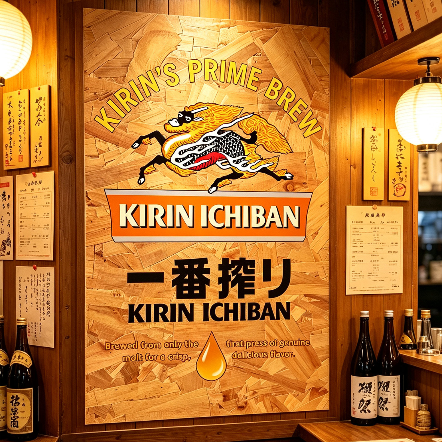 日本料理店日式居酒屋民宿麒麟一番榨啤酒海报欧松板复古装饰画