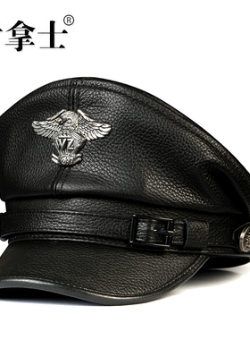 真皮帽子男牛皮平顶帽船长帽水手帽中青年德式帽哈雷帽机车朋克帽