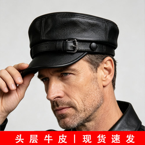 帽子男春秋复古海帽机车摇滚英伦牛皮帽贝雷帽学生帽真皮女帽