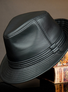 秋冬季男士真皮绅士礼帽中老年爸爸英伦牛皮爵士帽老头老人复古帽