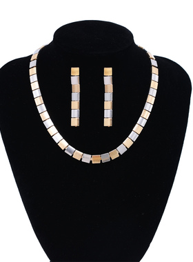 欧美高级感拼接方形串珠项链耳环