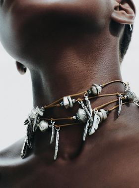 欧美夸张多层多位置挂饰绳带项链