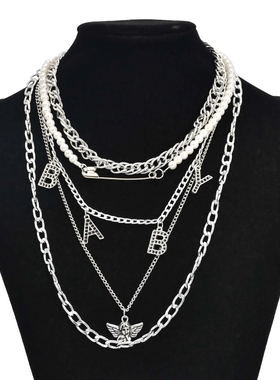 欧美复古多层叠戴项链字母潮牌