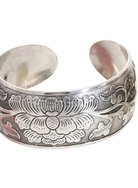 复古民族风纹银手镯雕花开口宽手环汉服发冠男女束发做旧古风饰品