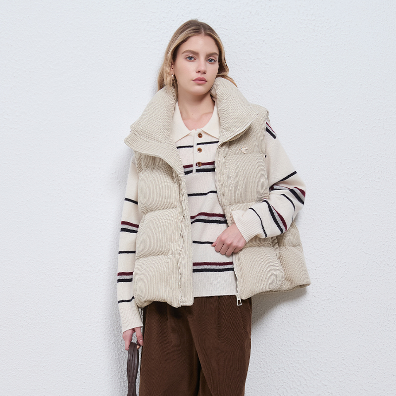 复古休闲灯芯绒立领羽绒背心马甲