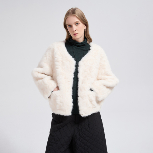 慵懒V领卷毛环保皮草短款 夹克外套