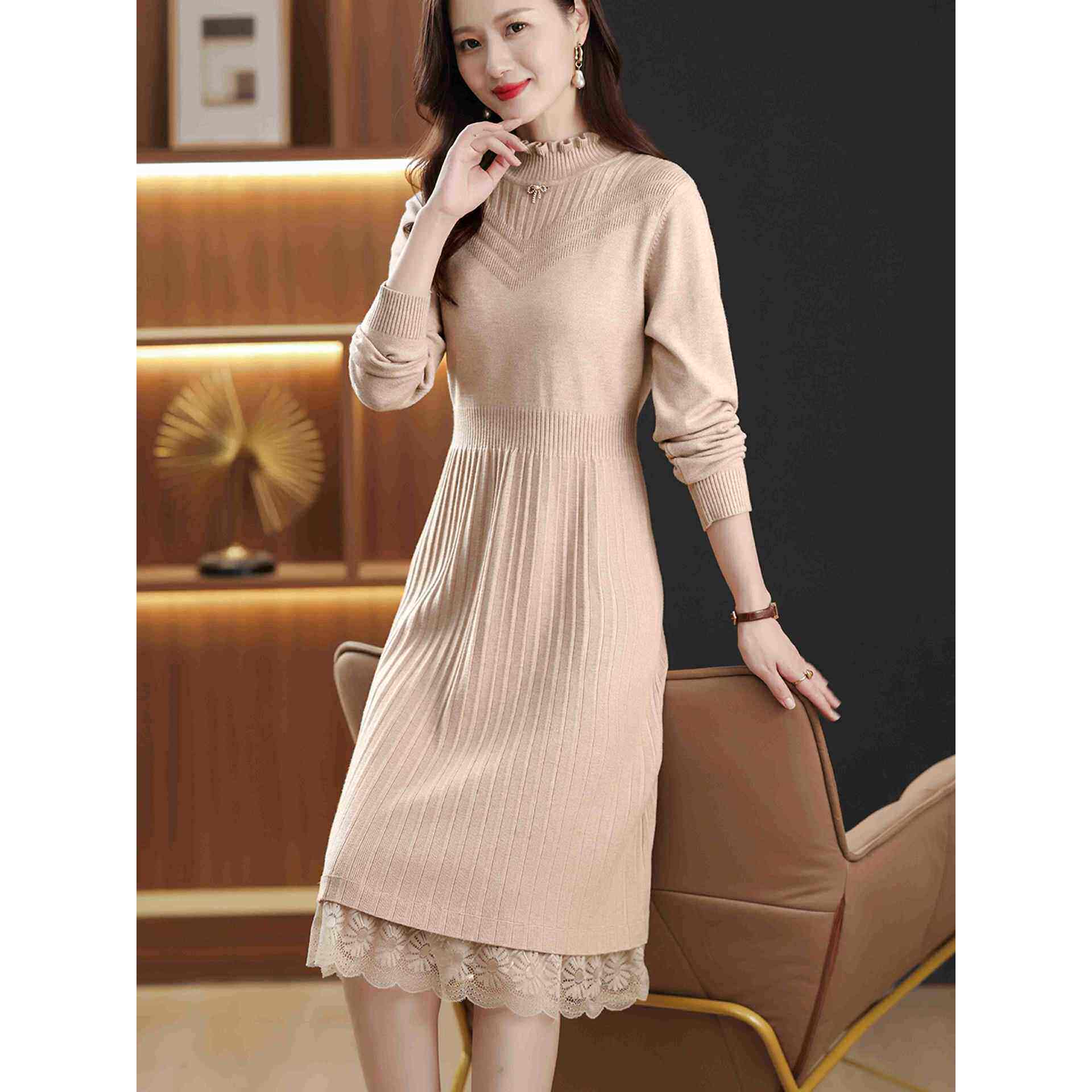 木耳领秋冬洋气漂亮中长款毛衣打底裙子配大衣蕾丝羊毛针织连衣裙