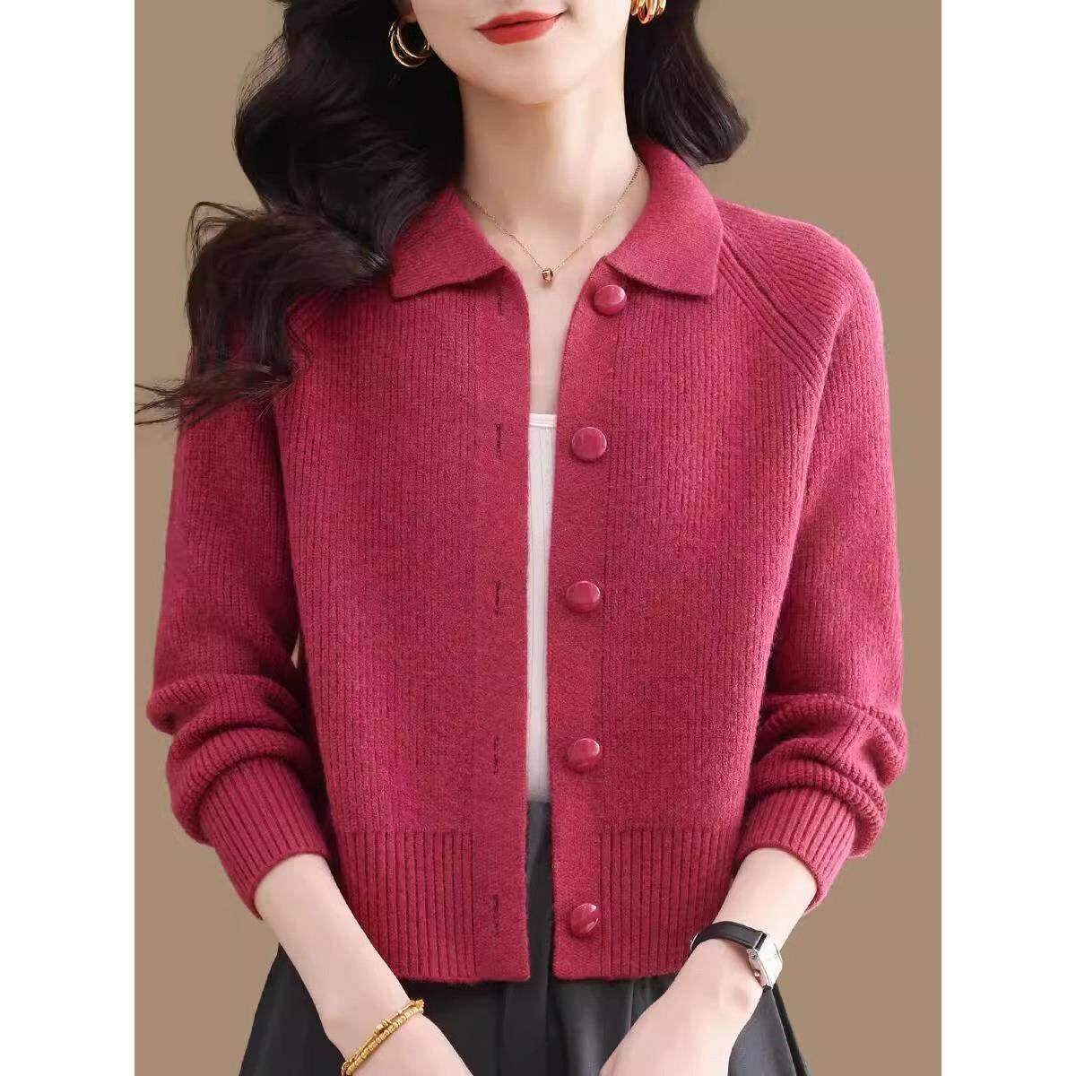 春季短款翻领毛衣小外套女春秋新款外搭配裙子上衣小个子针织开衫