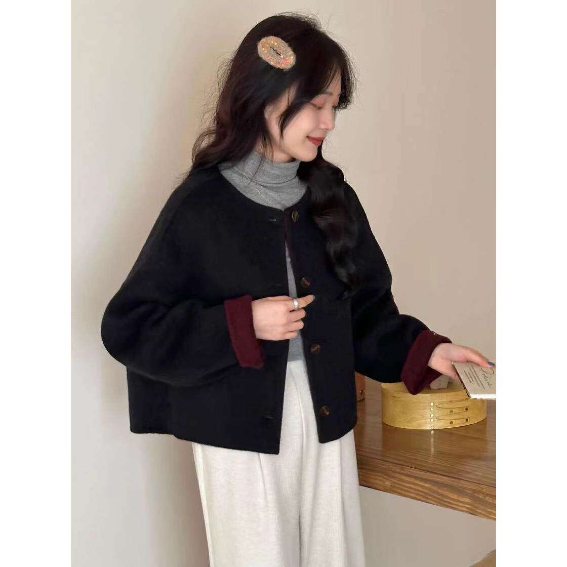 双面羊绒大衣女双色撞色高端短款甜美小香风圆领显瘦羊毛外套