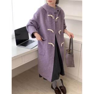 韩系双面羊绒大衣女中长款连帽棉绳扣宽松显瘦羊毛呢外套女秋冬