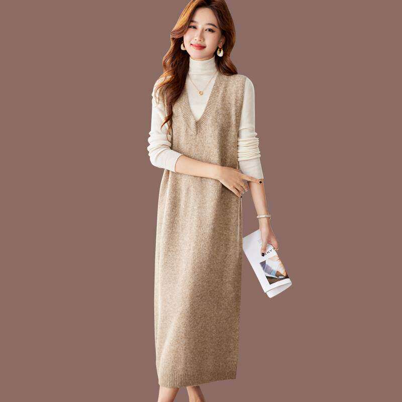 羊毛针织马甲背心连衣裙女秋冬新款宽松外穿无袖毛衣裙长款