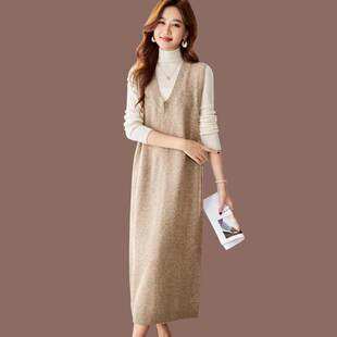 羊毛针织马甲背心连衣裙女秋冬新款宽松外穿无袖毛衣裙长款