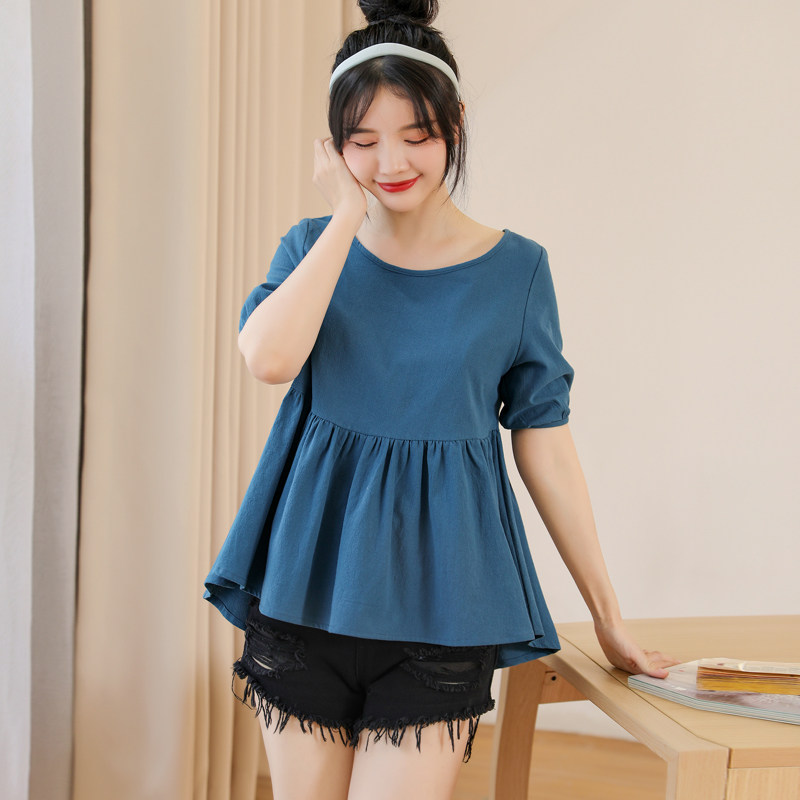2020新款韩版设计感小众棉麻女装短袖娃娃衫上衣蓬蓬a字夏显瘦t恤