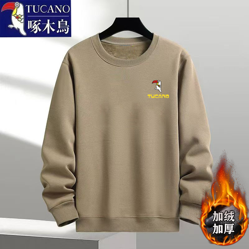 啄木鸟加绒加厚圆领宽松休闲上衣男士秋冬季保暖宽松显瘦大码卫衣