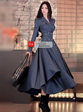 VJE秋季气质减龄女装印花风衣2025新款收腰中长款过膝双排扣外套