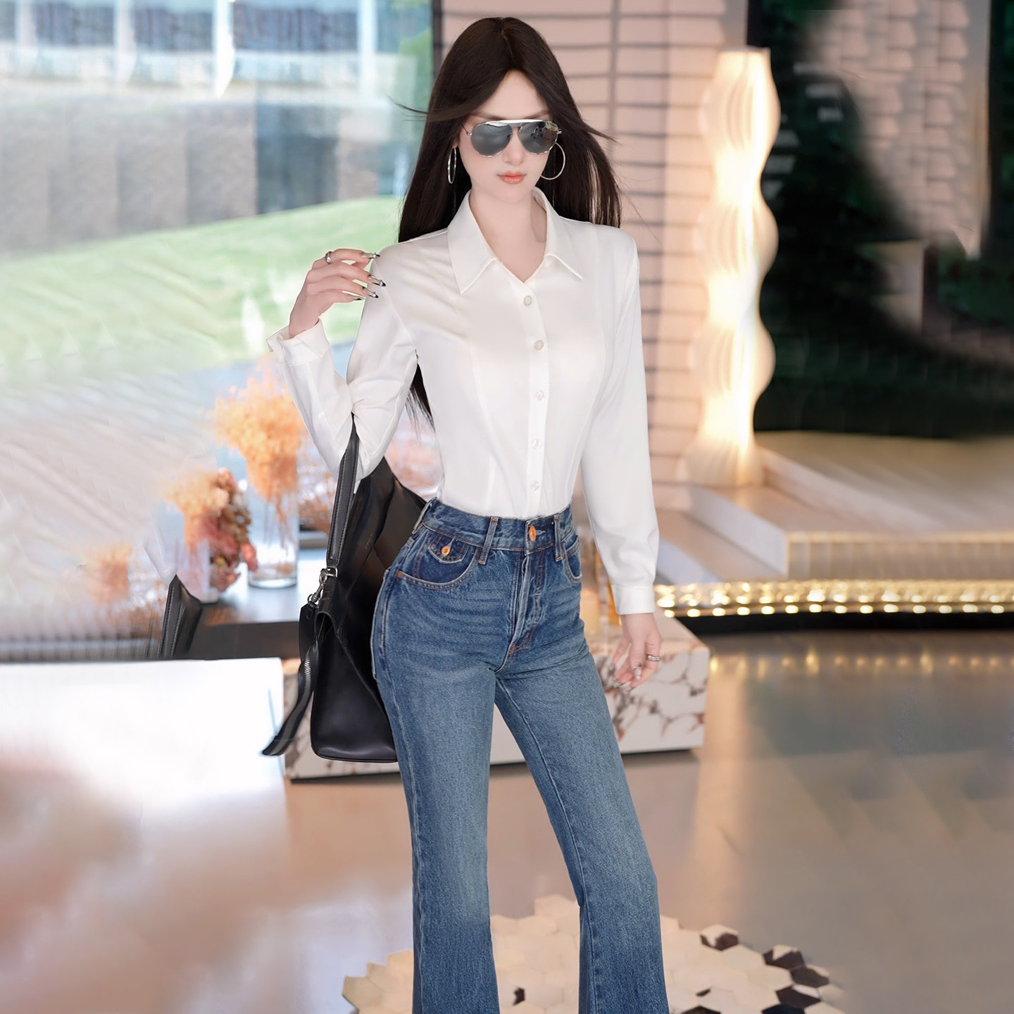 春秋季女士修身白衬衫2026新款收腰翻领长袖衬衣通勤气质干练上衣