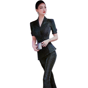 VJE夏季不规则抽皱上衣喇叭裤两件套2024新款精致女人味OL套装