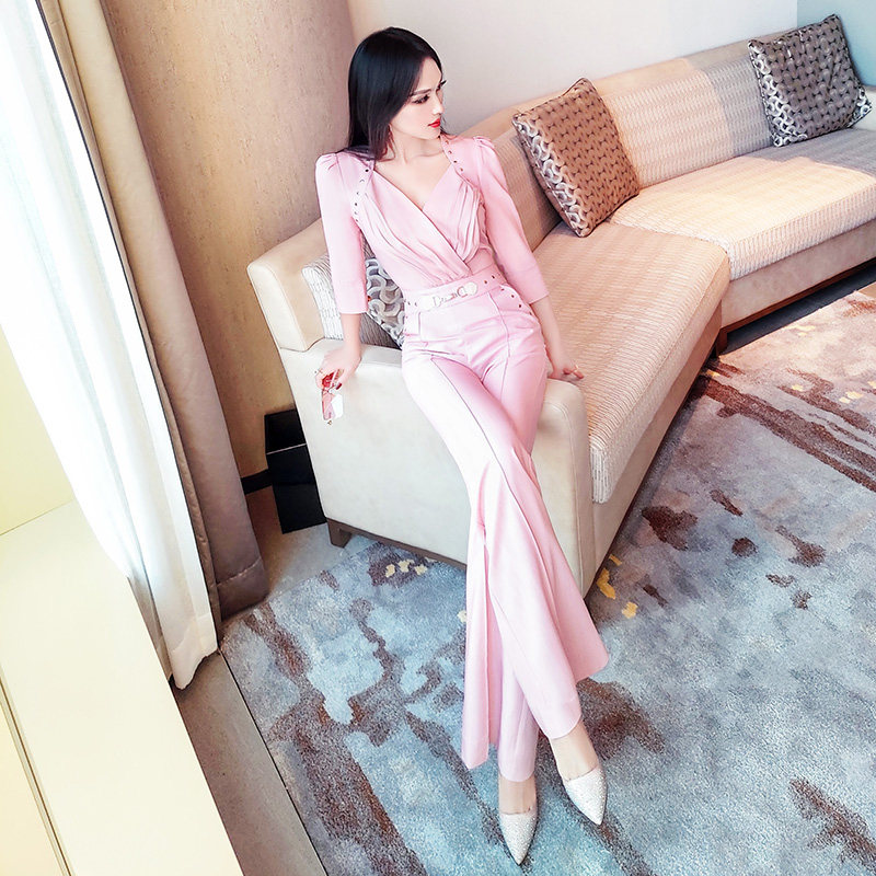 vje春季女装七分袖连体裤新款气质抽皱收腰修身连身微喇叭裤