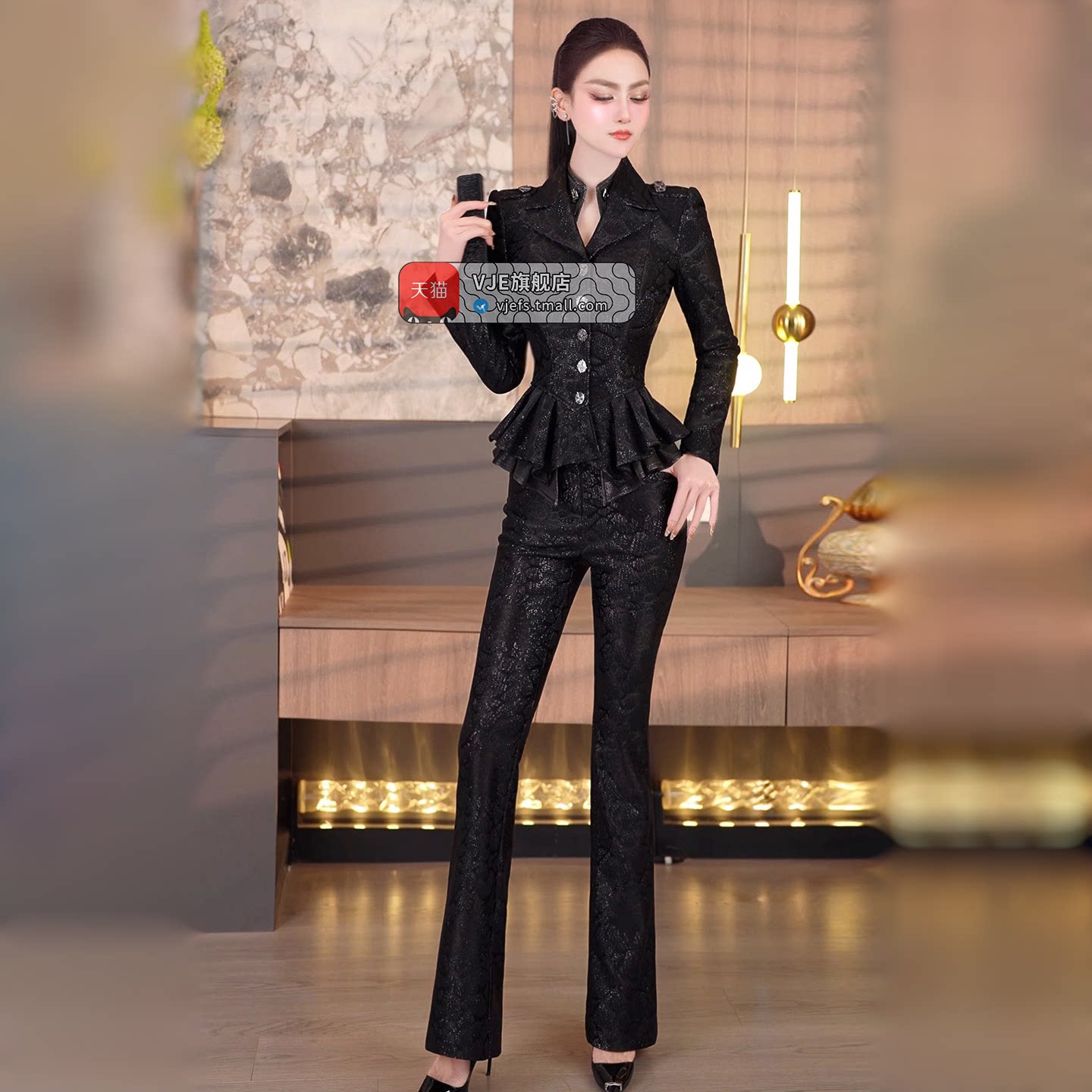 VJE春季OL修身小众西装喇叭裤两件套2026新款蕾丝复合面料套装