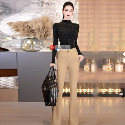 VJE冬季修身显瘦通勤职业长裤新款高腰垂顺直筒微喇叭裤