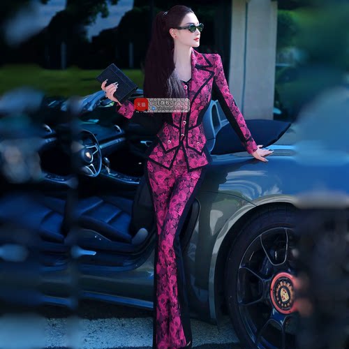 VJE秋季撞色提花小西服微喇叭裤两件套2025气质欧美修身OL套装