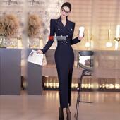 VJE春季 过膝长裙 气质干练修身 商务收腰OL西装 连衣裙2025新款