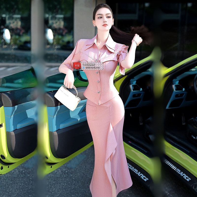 VJE夏季网纱拼接短袖上衣开衩半身裙两件套2025新款减龄套装裙