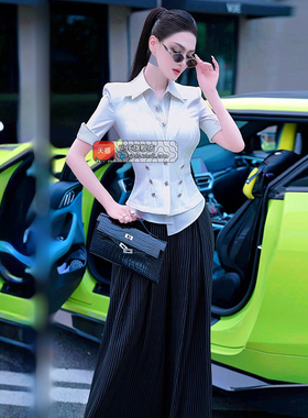 VJE夏季假两件修身短袖衬衫2025新款不对称设计感气质干练OL上衣