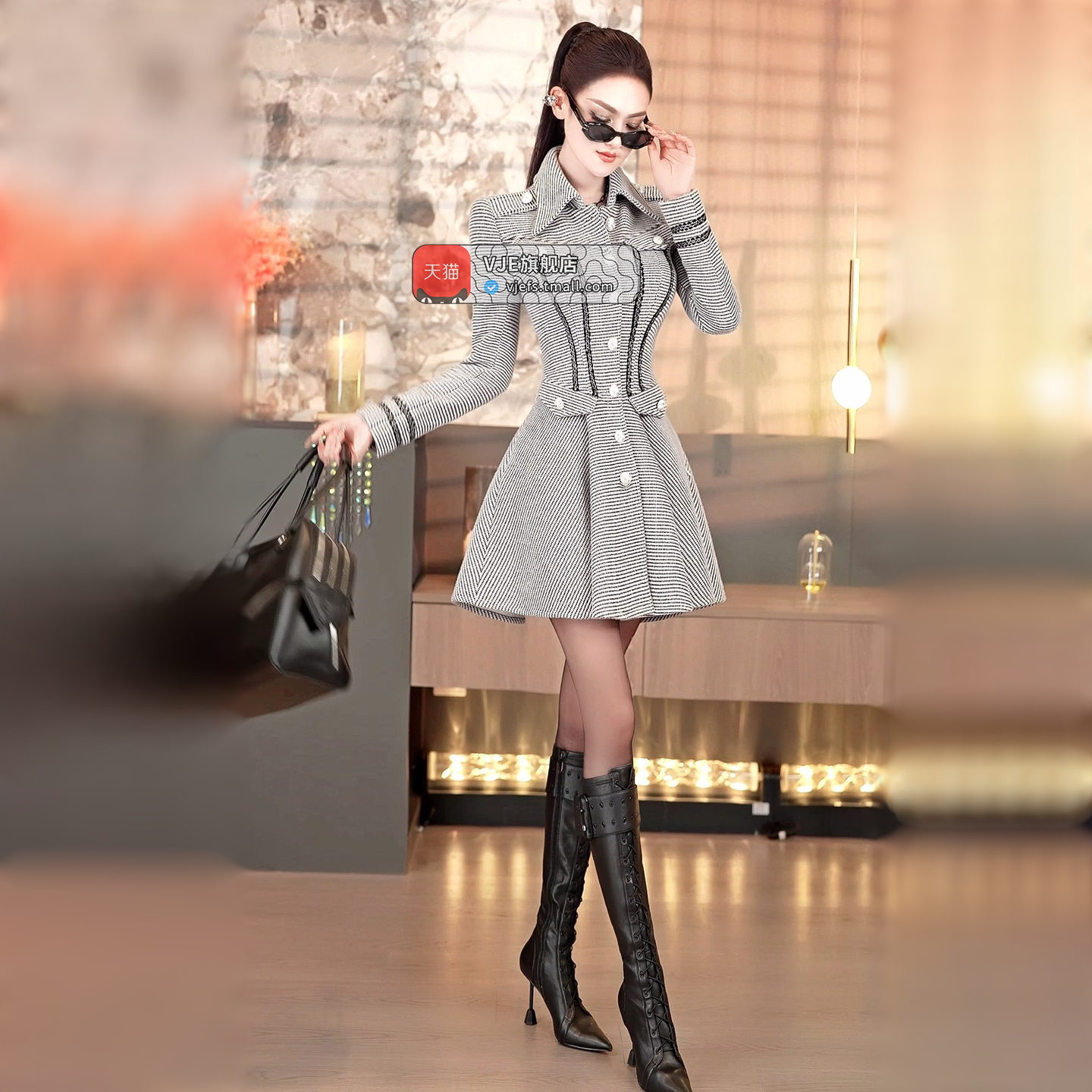 VJE冬季欧美气质收腰加厚呢子大衣2025新款小众洋气裙摆显瘦外套