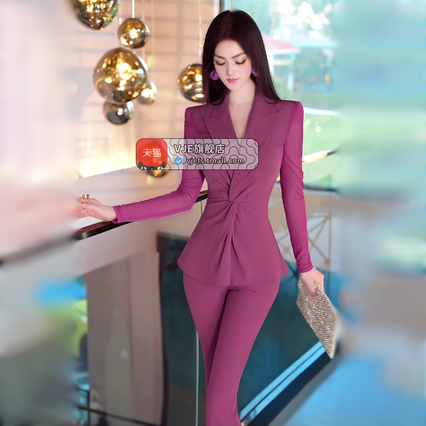 VJE春季欧美设计感纽结西装喇叭裤两件套2026新款职业西服套装