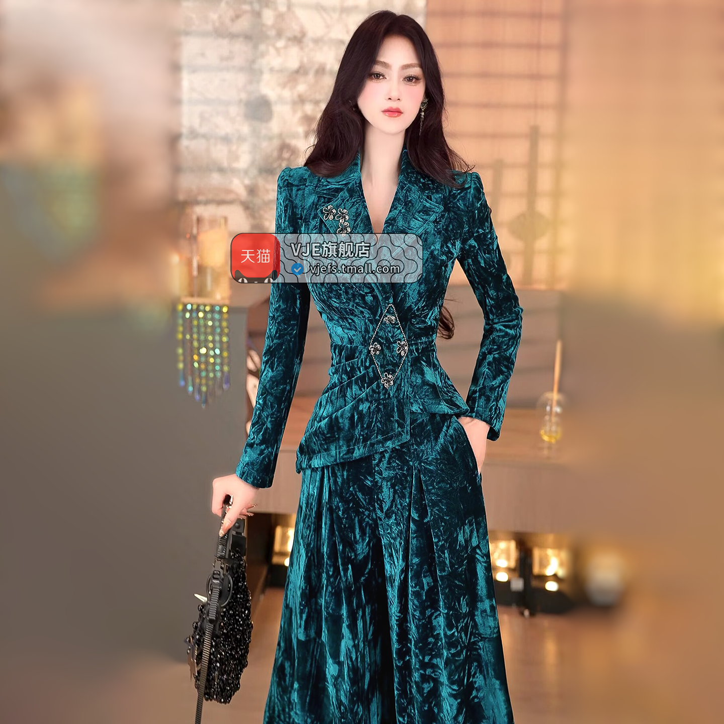 VJE冬季设计感褶皱加厚丝绒西装阔腿裤两件套2025新款气质OL套装