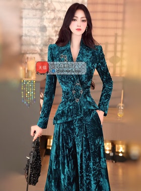 VJE冬季设计感褶皱加厚丝绒西装阔腿裤两件套2025新款气质OL套装