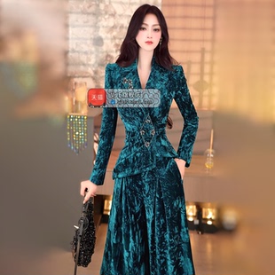 气质OL套装 VJE冬季 两件套2025新款 阔腿裤 设计感褶皱加厚丝绒西装