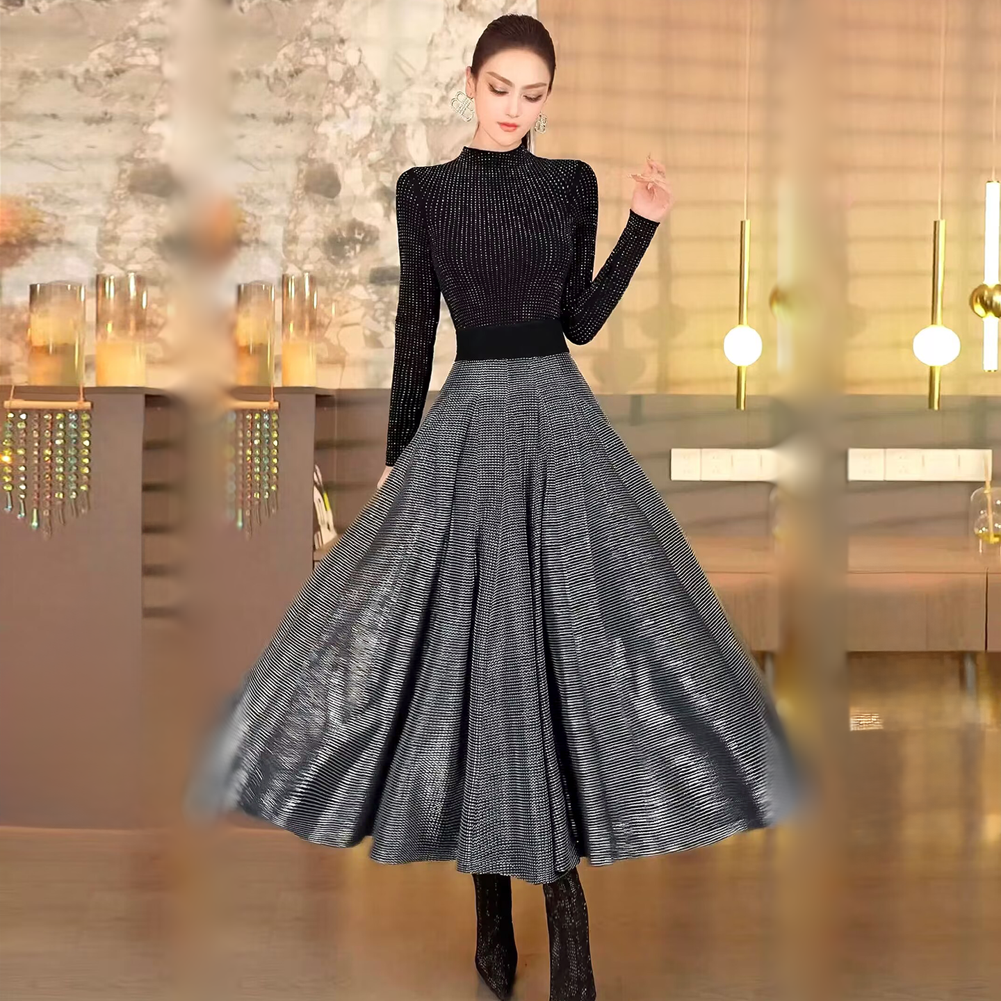 VJE秋冬款气质时尚高腰中长款半身裙2025新款设计感小众百褶裙