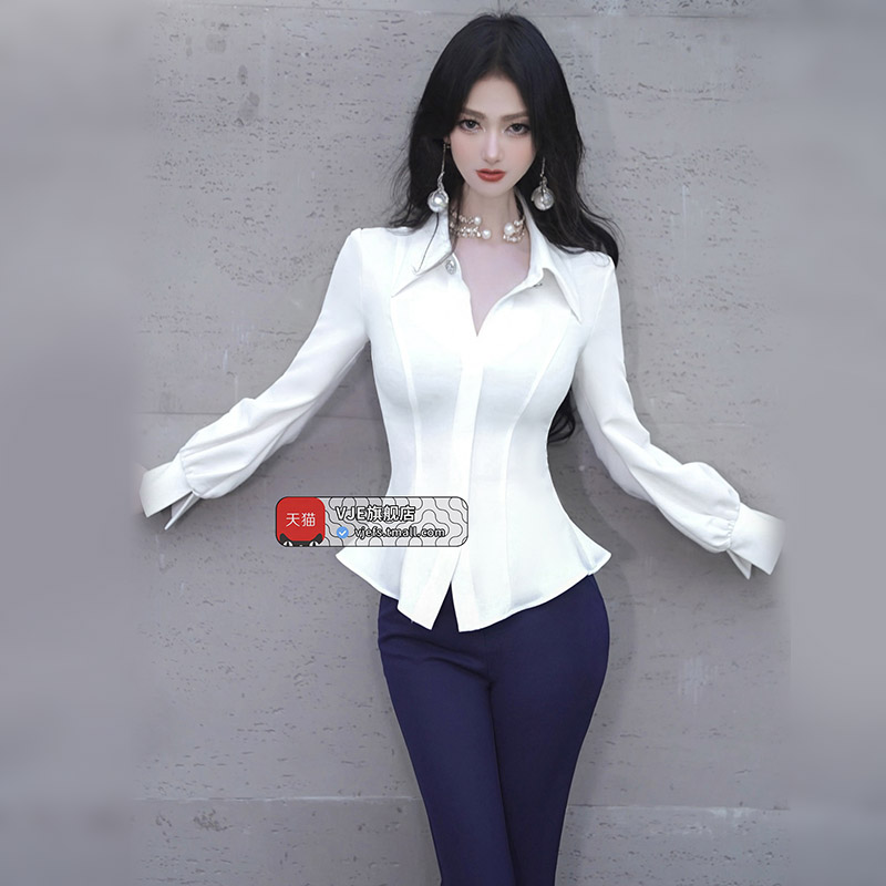 VJE春季法式小众白色长袖衬衫新款女士修身收腰内搭通勤上衣