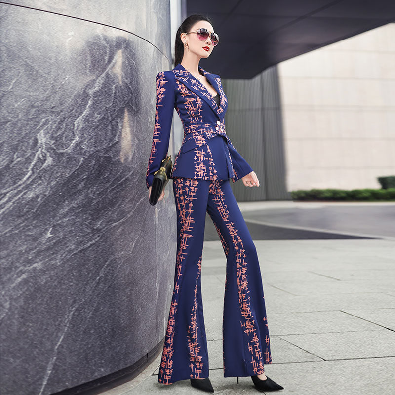 vje秋季英伦风干练气质女装套装女新款职业外套喇叭裤两件套